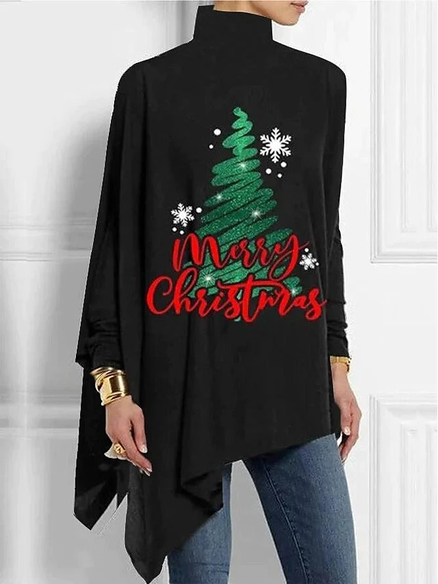 Women's T Shirt Tee Christmas Shirt Black Christmas Tree Snowflake Asymmetrical Print Long Sleeve Christmas Weekend Festival / Holiday High Neck Regular Fit Painting Spring &Fall 3 Women's T Shirt Tee Christmas Shirt Black Christmas Tree Snowflake Asymmetrical Print Long Sleeve Christmas Weekend Festival / Holiday High Neck Regular Fit Painting Spring &Fall