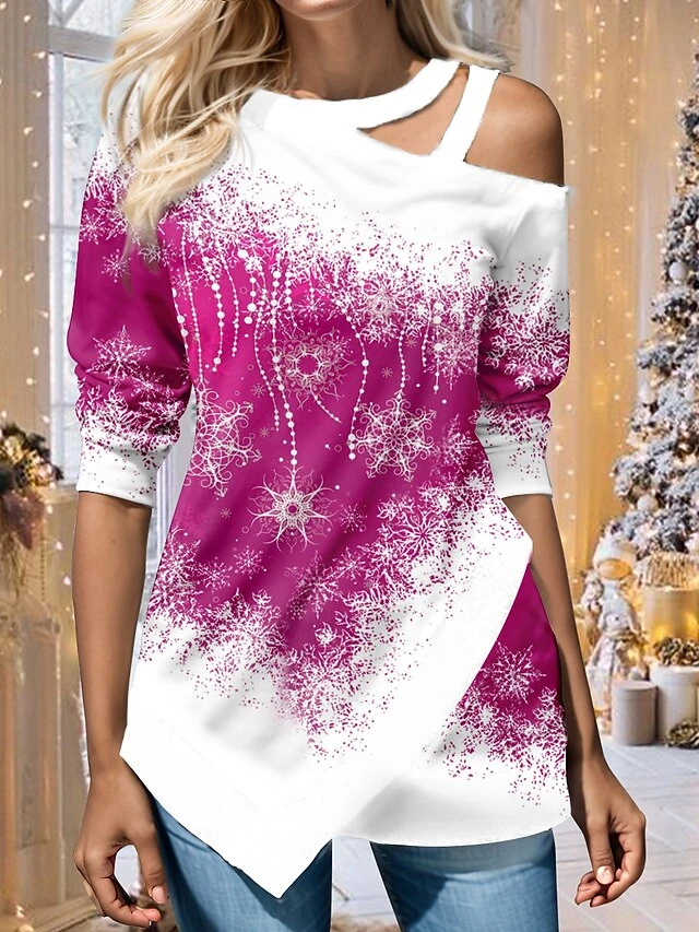 Women's Shirt Blouse Pink Red Blue Snowflake Cut Out Asymmetric Print Long Sleeve Christmas Casual Festival / Holiday V Neck Regular Fit Spring &Fall 7 Women's Shirt Blouse Pink Red Blue Snowflake Cut Out Asymmetric Print Long Sleeve Christmas Casual Festival / Holiday V Neck Regular Fit Spring &Fall - Image 5