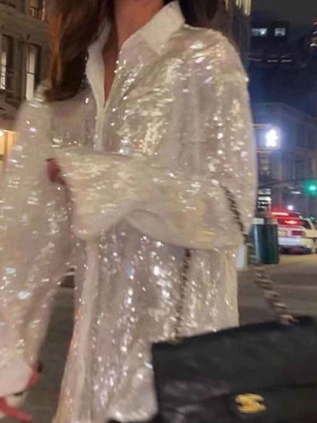 Women's Shirt Blouse Silver Blue Green Sparkly Sequins Long Sleeve Party Christmas Fashion Shirt Collar Regular Fit Spring &Fall 7 Women's Shirt Blouse Silver Blue Green Sparkly Sequins Long Sleeve Party Christmas Fashion Shirt Collar Regular Fit Spring &Fall - Image 5