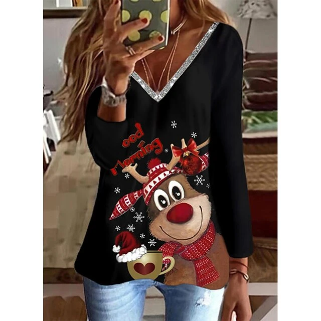 Women's T Shirt Tee Christmas Shirt Black Red Reindeer Print Long Sleeve Christmas Weekend Basic Print Christmas V Neck Regular Fit Painting Fall & Winter 3 Women's T Shirt Tee Christmas Shirt Black Red Reindeer Print Long Sleeve Christmas Weekend Basic Print Christmas V Neck Regular Fit Painting Fall & Winter