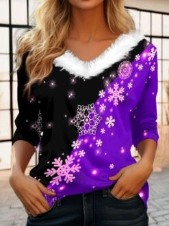 Women's T Shirt Tee Christmas Shirt Red Blue Purple Snowflake Print Long Sleeve Party Christmas Weekend Festival / Holiday Print Christmas Fur Collar V Neck Regular Fit Painting Fall & Winter 11 Women's T Shirt Tee Christmas Shirt Red Blue Purple Snowflake Print Long Sleeve Party Christmas Weekend Festival / Holiday Print Christmas Fur Collar V Neck Regular Fit Painting Fall & Winter -Cheap Women Clothing Store lxoduq1694684378800