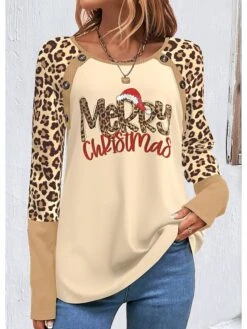 Women's T Shirt Tee Christmas Shirt Khaki Leopard Letter Button Print Long Sleeve Christmas Weekend Festival / Holiday Round Neck Regular Fit Painting Spring &Fall