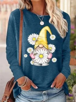 Women's T Shirt Tee Christmas Shirt Black Pink Blue Floral Santa's Helper Print Long Sleeve Christmas Weekend Festival / Holiday Round Neck Regular Fit Painting Spring &Fall -Cheap Women Clothing Store lzpbip1697540527047