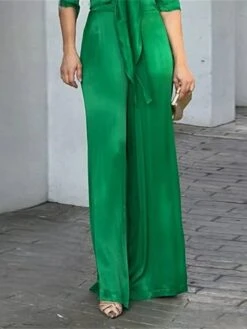 Women's Jumpsuit Lace Up High Waist Solid Color V Neck Business Office Work Xmas Party Christmas Regular Fit Long Sleeve Green S M L Summer -Cheap Women Clothing Store maibly1681730543568