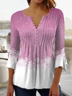 Women's Shirt Christmas Shirt Pink Blue Purple Snowflake Button Print 3/4 Length Sleeve Christmas Weekend Streetwear Casual Round Neck Regular Fit -Cheap Women Clothing Store mceqyw1668481175148