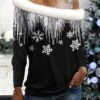 Women's Blouse Christmas Shirt Black Snowflake Print Long Sleeve Christmas Casual Festival / Holiday Fur Collar Regular Fit Spring &Fall