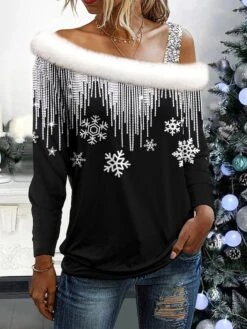 Women's Blouse Christmas Shirt Black Snowflake Print Long Sleeve Christmas Casual Festival / Holiday Fur Collar Regular Fit Spring &Fall