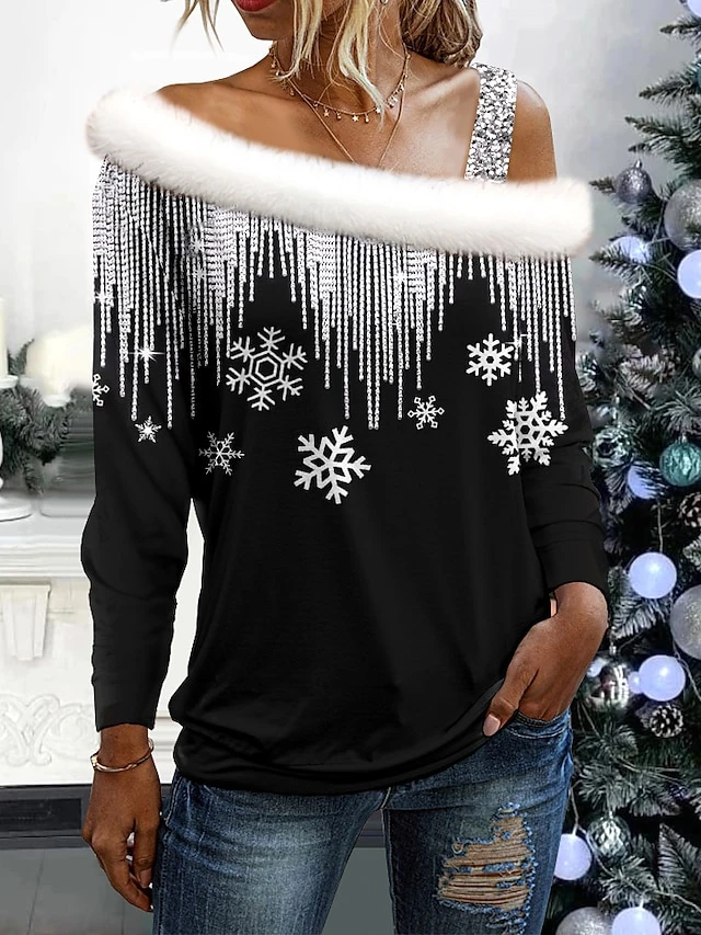 Women's Blouse Christmas Shirt Black Snowflake Print Long Sleeve Christmas Casual Festival / Holiday Fur Collar Regular Fit Spring &Fall 3 Women's Blouse Christmas Shirt Black Snowflake Print Long Sleeve Christmas Casual Festival / Holiday Fur Collar Regular Fit Spring &Fall