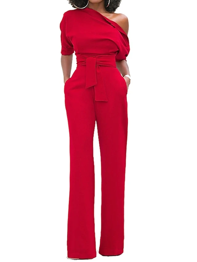 Jumpsuits For Women Dressy Pocket High Waist Solid Color One Shoulder Elegant Xmas Party Christmas Street Regular Fit Half Sleeve Black Blue Yellow S M L Fall Winter Summer 4 Jumpsuits For Women Dressy Pocket High Waist Solid Color One Shoulder Elegant Xmas Party Christmas Street Regular Fit Half Sleeve Black Blue Yellow S M L Fall Winter Summer - Image 2
