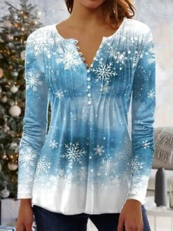 Women's Shirt Christmas Shirt Blue Purple Green Snowflake Button Print 3/4 Length Sleeve Christmas Weekend Streetwear Round Neck Regular Fit