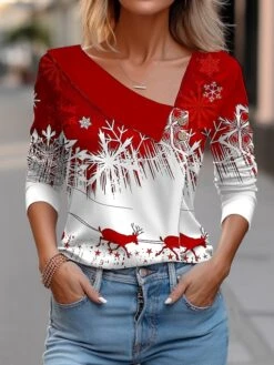 Women's Blouse Christmas Shirt Red Blue Snowflake Button Print Long Sleeve Christmas Casual Festival / Holiday V Neck Regular Fit Spring &Fall