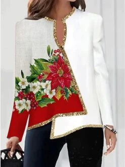 Women's Shirt Christmas Shirt White Wine Red Floral Snowflake Deer Asymmetric Print Long Sleeve Christmas Casual Basic Print V Neck Regular Fit Floral -Cheap Women Clothing Store meprpb1664587291021