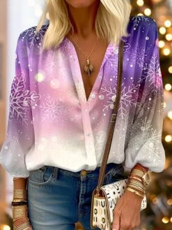 Women's Shirt Blouse Christmas Shirt Red Purple Green Snowflake Button Print Long Sleeve Party Christmas Casual Festival / Holiday Standing Collar Regular Fit Spring &Fall