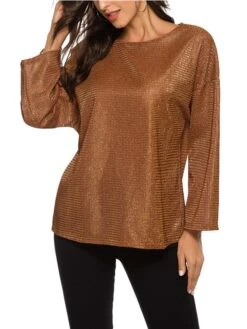 Women's Shirt Blouse Fleece Black Wine Purple Plain Sparkly Sequins Long Sleeve Party Christmas Casual Vintage Fashion Metallic Round Neck Regular Fit Spring Fall -Cheap Women Clothing Store meysts1668154971697