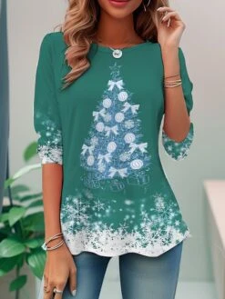 Women's T Shirt Tee Christmas Shirt Red Blue Green Christmas Tree Snowflake Print Long Sleeve Party Christmas Weekend Festival / Holiday Print Christmas Round Neck Regular Fit Painting Spring &Fall 7 Women's T Shirt Tee Christmas Shirt Red Blue Green Christmas Tree Snowflake Print Long Sleeve Party Christmas Weekend Festival / Holiday Print Christmas Round Neck Regular Fit Painting Spring &Fall -Cheap Women Clothing Store mffirk1695291079044