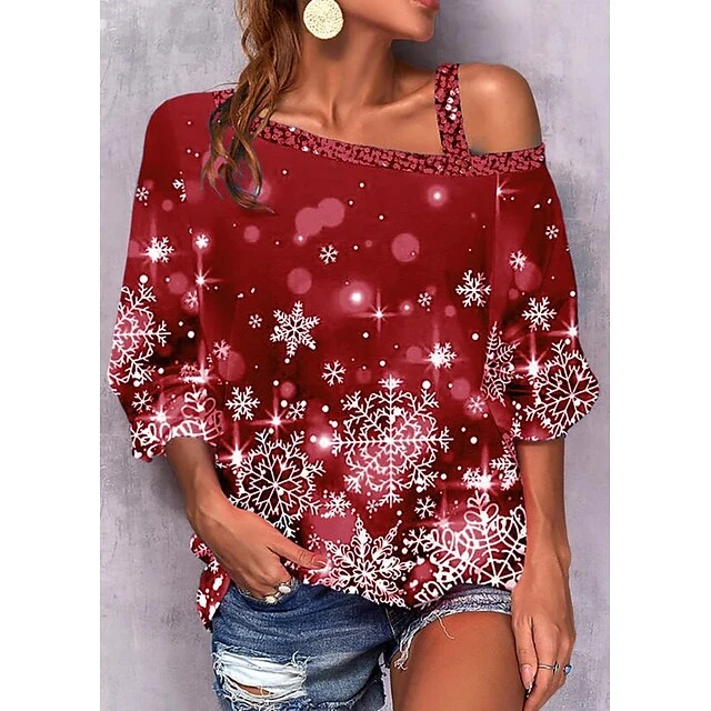 Women's Shirt Christmas Shirt Red Blue Gray Snowflake Print Long Sleeve Christmas Weekend Streetwear Casual Print One Shoulder Regular Fit Cold Shoulder Spring Fall 6 Women's Shirt Christmas Shirt Red Blue Gray Snowflake Print Long Sleeve Christmas Weekend Streetwear Casual Print One Shoulder Regular Fit Cold Shoulder Spring Fall - Image 4