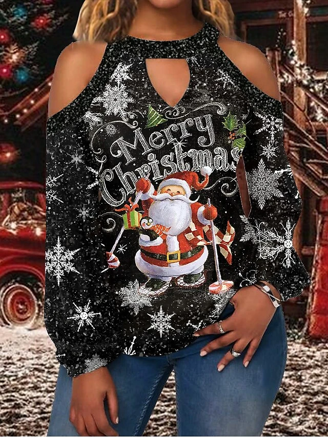 Women's Shirt Christmas Shirt Black White Light Green Santa Claus Snowflake Reindeer Cut Out Print Long Sleeve Christmas Weekend Streetwear Casual Print Round Neck Regular Fit Cold Shoulder 3 Women's Shirt Christmas Shirt Black White Light Green Santa Claus Snowflake Reindeer Cut Out Print Long Sleeve Christmas Weekend Streetwear Casual Print Round Neck Regular Fit Cold Shoulder
