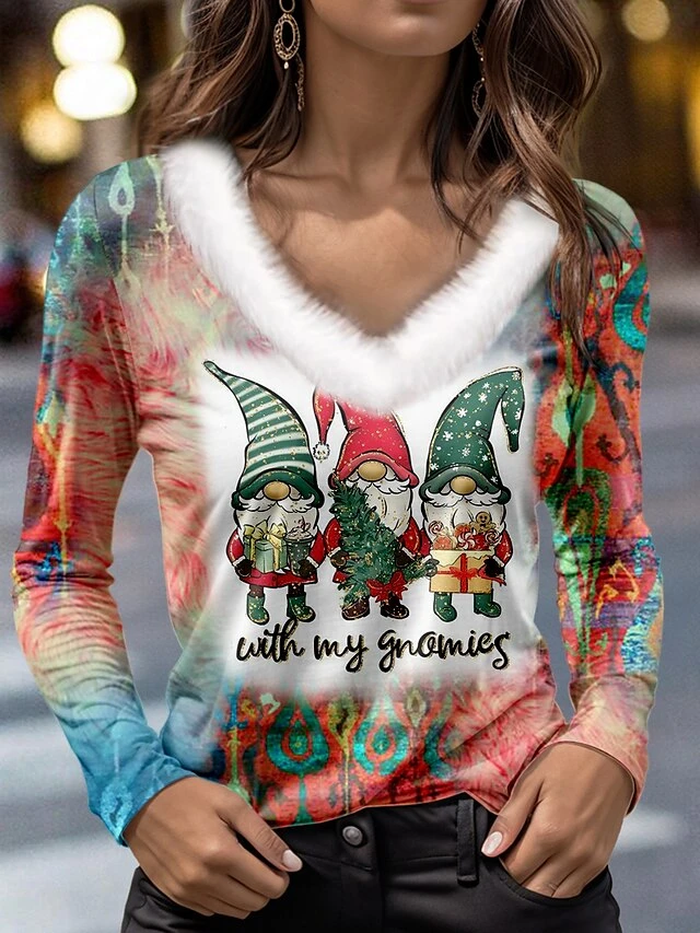 Women's Shirt Blouse Christmas Shirt Blue Santa Claus Print Long Sleeve Party Christmas Casual Festival / Holiday Fur Collar V Neck Regular Fit Fall & Winter 3 Women's Shirt Blouse Christmas Shirt Blue Santa Claus Print Long Sleeve Party Christmas Casual Festival / Holiday Fur Collar V Neck Regular Fit Fall & Winter