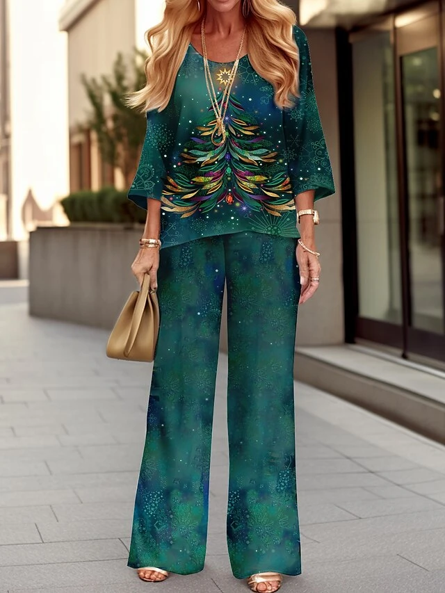 Women's Pants Sets Christmas Shirt Red Blue Green Graphic Print Long Sleeve Party Christmas Festival Christmas Round Neck Regular Fit Spring &Fall 3 Women's Pants Sets Christmas Shirt Red Blue Green Graphic Print Long Sleeve Party Christmas Festival Christmas Round Neck Regular Fit Spring &Fall