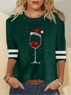 Women's T Shirt Tee Christmas Shirt Black Red Blue Wine Glass Rhinestone Print Long Sleeve Christmas Weekend Festival / Holiday Round Neck Regular Fit Painting Spring &Fall -Cheap Women Clothing Store mgpwtq1696843889134