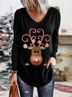 Women's T Shirt Tee Christmas Shirt Black White Wine Santa Claus Snowflake Reindeer Print Long Sleeve Christmas Weekend Festival / Holiday Funny Christmas V Neck Regular Fit Painting Spring &Fall 13 Women's T Shirt Tee Christmas Shirt Black White Wine Santa Claus Snowflake Reindeer Print Long Sleeve Christmas Weekend Festival / Holiday Funny Christmas V Neck Regular Fit Painting Spring &Fall -Cheap Women Clothing Store mhniay1695292255515