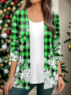Women's Shirt Shrugs Christmas Shirt Pink Red Blue Plaid Snowflake Print 3/4 Length Sleeve Party Christmas Casual Festival / Holiday V Neck Regular Fit Spring &Fall -Cheap Women Clothing Store mhphue1694680462805