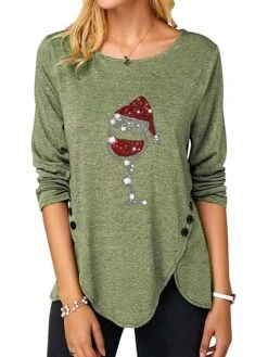 Women's T Shirt Tee Christmas Shirt Sky-blue Black Pink Graphic Print Long Sleeve Christmas Weekend Basic Christmas Round Neck Regular Fit Painting -Cheap Women Clothing Store micnee1665739180073