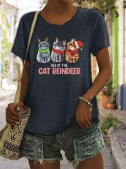 Women's T Shirt Tee Christmas Shirt 100% Cotton Black White Wine Graphic Cat Letter Print Short Sleeve Christmas Daily Holiday Basic Christmas Round Neck Regular Fit Cat -Cheap Women Clothing Store miiopx1666754593446