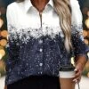 Women's Shirt Blouse Christmas Shirt Wine Navy Blue Brown Snowflake Button Print Long Sleeve Christmas Casual Festival / Holiday Shirt Collar Regular Fit Spring &Fall -Cheap Women Clothing Store miqyfg1695350779009