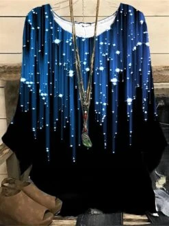 Women's Plus Size Shirt Blouse Blue Color Gradient Print Long Sleeve Christmas Daily Vacation Holiday Casual Crewneck Regular Fit Spring Fall Winter