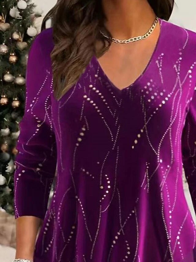 Women's Blouse Christmas Shirt Velvet Purple Striped Sparkly Print Long Sleeve Party Christmas Casual Fashion Festival / Holiday V Neck Regular Fit Fall & Winter 4 Women's Blouse Christmas Shirt Velvet Purple Striped Sparkly Print Long Sleeve Party Christmas Casual Fashion Festival / Holiday V Neck Regular Fit Fall & Winter - Image 2