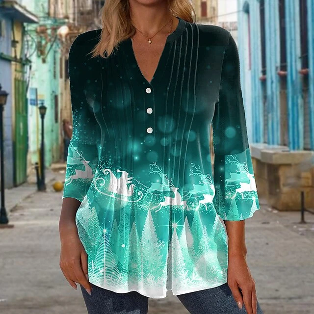 Women's Shirt Christmas Shirt Red Blue Green Christmas Tree Deer Button Flowing Tunic Print Long Sleeve Christmas Weekend Streetwear Casual V Neck Regular Fit 5 Women's Shirt Christmas Shirt Red Blue Green Christmas Tree Deer Button Flowing Tunic Print Long Sleeve Christmas Weekend Streetwear Casual V Neck Regular Fit - Image 3