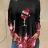 Women's T Shirt Tee Christmas Shirt Red Blue Purple Snowflake Wine Glass Rhinestone Print Long Sleeve Party Christmas Weekend Festival / Holiday Christmas Round Neck Regular Fit Painting Spring