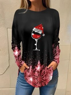 Women's T Shirt Tee Christmas Shirt Red Blue Purple Snowflake Wine Glass Rhinestone Print Long Sleeve Party Christmas Weekend Festival / Holiday Christmas Round Neck Regular Fit Painting Spring