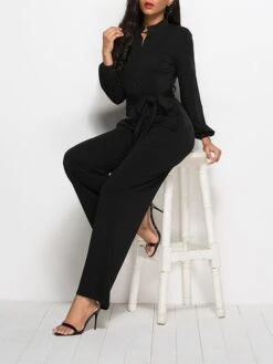 Women's Jumpsuit Lace Up Pocket Solid Color Stand Collar Streetwear Xmas Street Christmas Daily Regular Fit Long Sleeve Black Wine Red S M L Fall -Cheap Women Clothing Store mlmwjt1692616041418