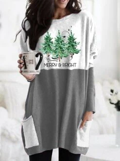 Women's T Shirt Tee Christmas Shirt Red Green Gray Color Block Christmas Tree Pocket Print Long Sleeve Christmas Weekend Festival / Holiday Round Neck Regular Fit Painting Spring &Fall