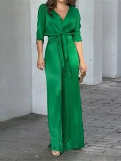 Women's Jumpsuit Lace Up High Waist Solid Color V Neck Business Office Work Xmas Party Christmas Regular Fit Long Sleeve Green S M L Summer
