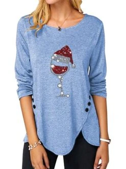 Women's T Shirt Tee Christmas Shirt Sky-blue Black Pink Graphic Print Long Sleeve Christmas Weekend Basic Christmas Round Neck Regular Fit Painting -Cheap Women Clothing Store mnojff1665739181204
