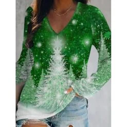 Women's T Shirt Tee Christmas Shirt Black Pink Wine Christmas Tree Print Long Sleeve Christmas Weekend Basic Print Christmas V Neck Regular Fit Painting Fall & Winter -Cheap Women Clothing Store mnojtt1665716626649