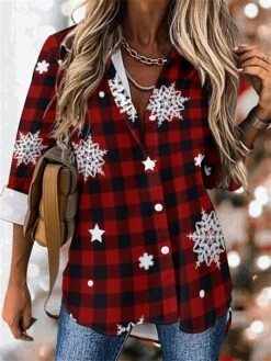 Women's Blouse Christmas Shirt Red Plaid Snowflake Button Print Long Sleeve Christmas Casual Festival / Holiday Shirt Collar Regular Fit Spring &Fall