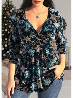Women's Blouse Christmas Shirt Blue Snowflake Flowing Tunic Print Long Sleeve Casual Fashion V Neck Regular Fit Spring &Fall