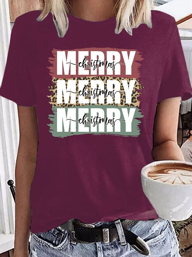 Women's T Shirt Tee Christmas Shirt 100% Cotton Black White Wine Graphic Letter Print Short Sleeve Christmas Daily Weekend Basic Christmas Round Neck Regular Fit Painting 6 Women's T Shirt Tee Christmas Shirt 100% Cotton Black White Wine Graphic Letter Print Short Sleeve Christmas Daily Weekend Basic Christmas Round Neck Regular Fit Painting - Image 4