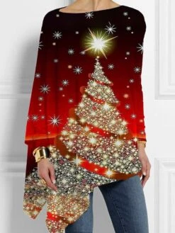 Women's T Shirt Tee Christmas Shirt Black Red Christmas Tree Sparkly Asymmetrical Print Long Sleeve Party Christmas Weekend Festival / Holiday Off Shoulder Regular Fit Painting Spring &Fall