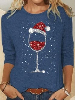 Women's T Shirt Tee Christmas Shirt Black Pink Blue Wine Glass Rhinestone Print Long Sleeve Party Christmas Weekend Festival / Holiday Round Neck Regular Fit Painting Spring &Fall -Cheap Women Clothing Store mrrtat1696843859160