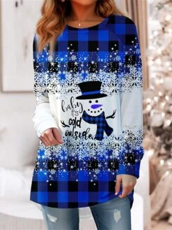 Women's T Shirt Tee Christmas Shirt Yellow Red Blue Plaid Snowman Snowflake Print Long Sleeve Christmas Weekend Festival / Holiday Round Neck Regular Fit Painting Spring &Fall -Cheap Women Clothing Store mryjdx1695726935396
