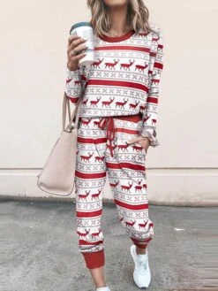 Women's Sweatshirt Tracksuit Pants Sets Black White Red Graphic Reindeer Drawstring Print Long Sleeve Outdoor Casual Sports Christmas Round Neck Regular Fit Spring &Fall