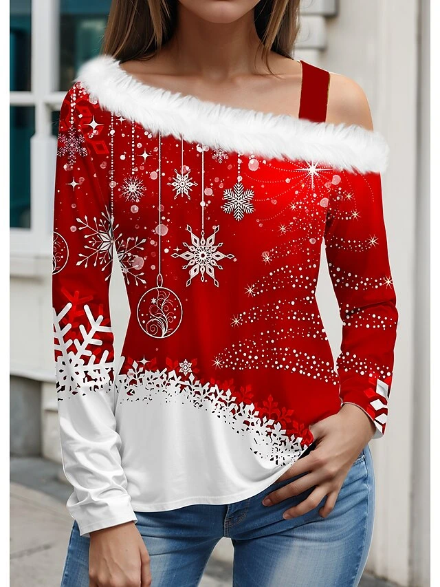 Women's Blouse Christmas Shirt White Wine Red Christmas Tree Snowflake Print Long Sleeve Christmas Casual Festival / Holiday Fur Collar Regular Fit Spring &Fall 3 Women's Blouse Christmas Shirt White Wine Red Christmas Tree Snowflake Print Long Sleeve Christmas Casual Festival / Holiday Fur Collar Regular Fit Spring &Fall