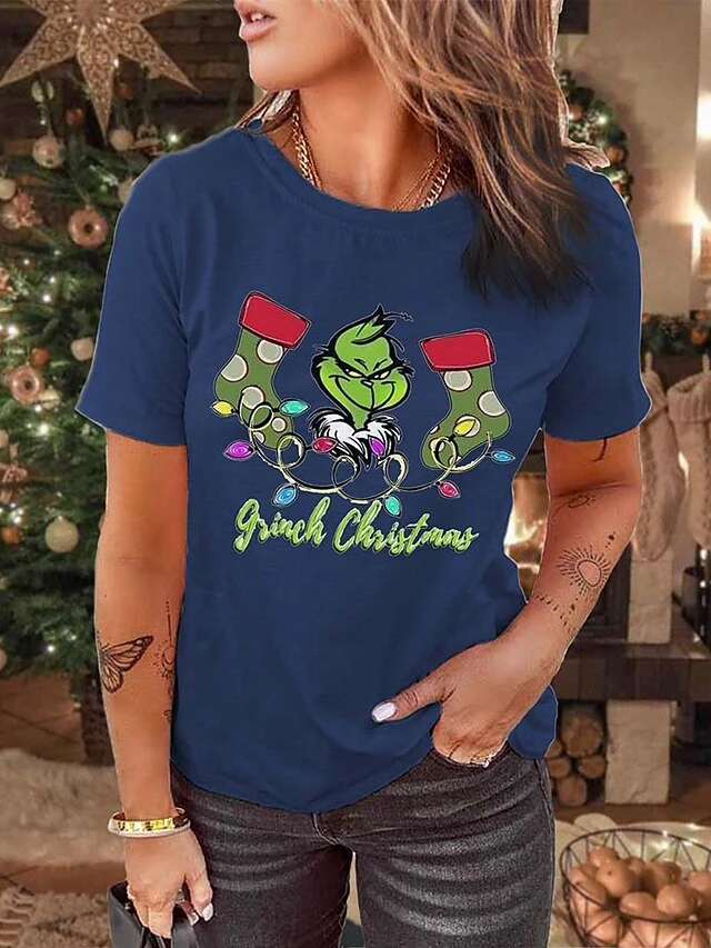 Women's T Shirt Tee Christmas Shirt Black White Pink Graphic Grinch Ugly Christmas Print Short Sleeve Christmas Weekend Basic Christmas Round Neck Regular Fit Painting 4 Women's T Shirt Tee Christmas Shirt Black White Pink Graphic Grinch Ugly Christmas Print Short Sleeve Christmas Weekend Basic Christmas Round Neck Regular Fit Painting - Image 2