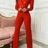 Women's Jumpsuit Button High Waist Solid Color Shirt Collar Elegant Office Xmas Christmas Regular Fit Long Sleeve Black Red Blue S M L Fall