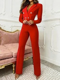 Women's Jumpsuit Button High Waist Solid Color Shirt Collar Elegant Office Xmas Christmas Regular Fit Long Sleeve Black Red Blue S M L Fall